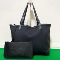 【極美品】GUCCI トートバッグ GG柄 キャンバス レザー ポーチ付き 黒