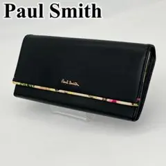 【美品】ポールスミス 長財布 フラップウォレット ロゴ金具 花柄 黒 レザー