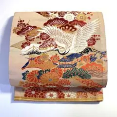 2m2161 丸帯 絹 金色 ベージュ 赤 白 橙色 青 緑 鶴 花柄 和装