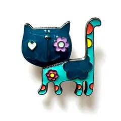 レトロねこブローチ 青緑