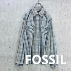t0052 FOSSIL フォッシル 長袖 シャツ 青チェック L 綿100