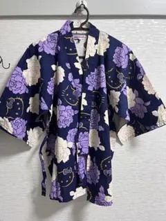 ハローキティ 甚平 花柄 ネイビー 紺 紫 白