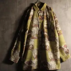 古着 ポリエステルシャツ テロ感 ヴィンテージ M 総柄シャツ 光沢生地
