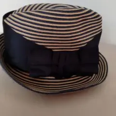 BARNEYS NEWYORK ストライプ 麦わら帽子 リボン付き