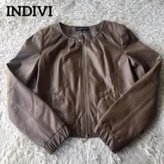 【美品】INDIVI ノーカラージャケット 極上ラムレザー フルジップ 上品