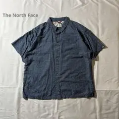 TheNorthFace古着シアサッカー半袖青チェック柄ロゴファスナー付ポケット