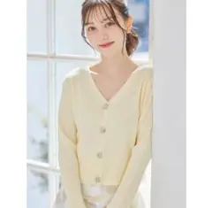 新品☆tocco フラワービジュー付きリブニットカーディガン M レモン トッコ