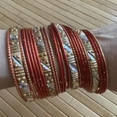 【アジアンエスニック】赤と金の装飾バングルセット