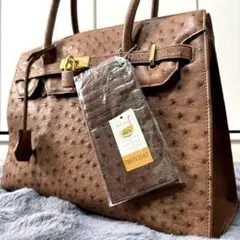 極美品 本革 オーストリッチレザー ブラウン ハンドバッグ ターンロック 3層式
