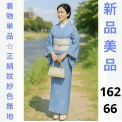 未使用 新品 正絹 紋紗 色無地　薄物 空色 着物単品 美品　地紋入り　裄66