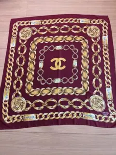 CHANEL スカーフ 大判 チェーン柄 ゴールド シルク　シャネル