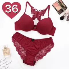 ブラジャー ショーツ セット　バタフライ　レッド 赤　36