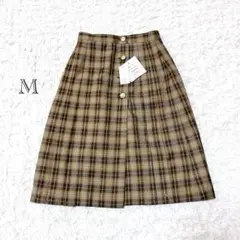 【タグ付き】プリーツスカート M 金ボタン ひざ丈 チェック柄 ウール混 秋冬