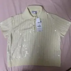【新品・未使用】ZARA スパンコール付きポロシャツ Lサイズ