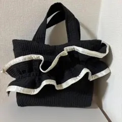 ヌビバック②フリル黒 ショルダー付き トートバッグ ハンドメイド 内ポケット