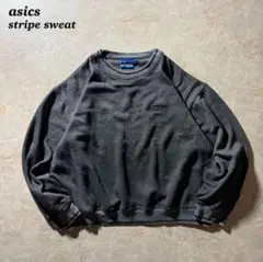 asics刺繍ロゴスウェット短丈ストライプLチャコールグレーY2Kノームコア美品