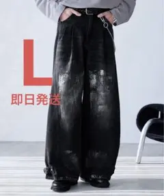 spielio ヴィンテージライク箔プリントワイドデニムパンツ ブラック　L