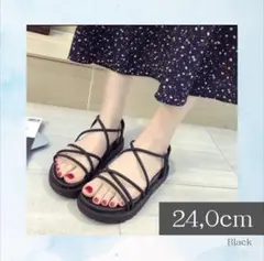 サンダル 24.0 ナロー ストラップ ヒール 厚底 ブラック 靴 韓国 軽い