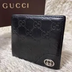 【良品】GUCCI 二つ折り財布 インターロッキングG ブラック シマ