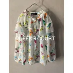 未使用 QUEENS COURT バンドカラー フラワープリント シアーブラウス
