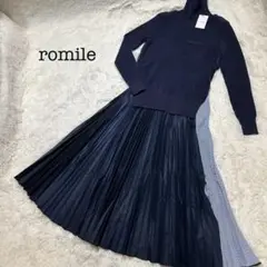 新品✨】特価✨】romile プリーツニットワンピース　ネイビー