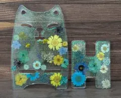 猫ちゃんのスマホスタンド グリーン系 固まるハーバリウム