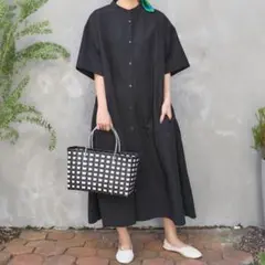 FREAK'S STORE マオカラー 半袖フレアワンピース 黒