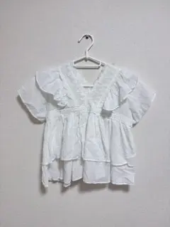 【美品】ホワイト フリル　ティアード　半袖シャツ　ブラウス