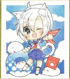 H；手描きイラスト　色紙　オリジナル　創作 原画　ネコミミ