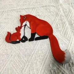 キツネ親子　壁立て掛け　置き物