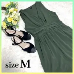 【美品】ワンピース　ロング　Aライン　ティアード　グリーン　ノースリーブ　M