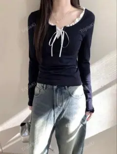フリル付き フロントタイ 長袖カジュアルTシャツ、春夏用 shein