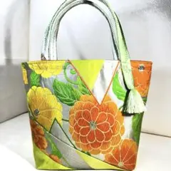 527帯リメイクバッグパッチワークトートバッグライトグリーンにカラフルなお花刺繍