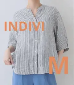 【美品】INDIVI フレンチリネン5分袖バンドカラーブラウス 38(M)