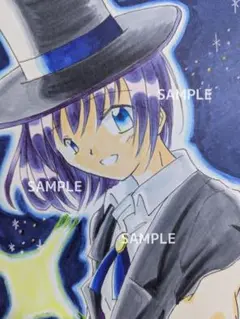 No.59 手描きイラスト「一緒に行こう2」男の子 スーツ シルクハット 夢の中