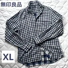 無印ネイビー×ブルー×ホワイト チェック柄 長袖シャツ XLダブルガーゼ