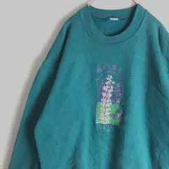 337【ダサかわ】花柄刺繍スウェット ルピナス 藤の花 深緑色 US古着 長袖L