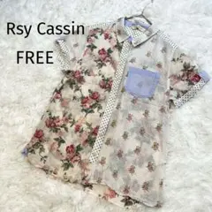 レイカズン　半袖シャツ　花柄　ドット　パッチワーク風　個性派　古着　4927