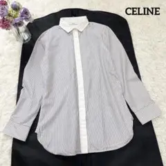 美品 CELINE フィービー期 ストライプシャツ 長袖 グレー×ホワイト 42