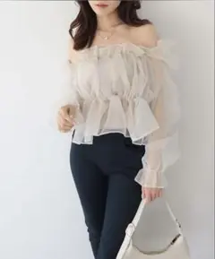 アンビエント　オーガンジーパフギャザーブラウス　2way オフショル シースルー