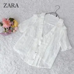 【M】ZARA ザラ　半袖カーディガン　羽織り　ドット柄　Vネック　フリル　白