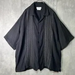 豪華刺繍 キューバシャツ レーヨン リネン 開襟 炭黒 M