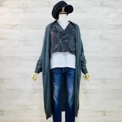 ほぼ未使用LIMI feu ダブルレザーJKTドッキングロングカーデ S 黒×緑