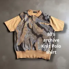 【希少】80s ニット レトロ ポロシャツ ブラウン　短丈　日本製 リネン　M