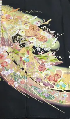 S-1 黒留袖 花柄刺繍 着物 比翼仕立て 五つ紋 金駒刺繍