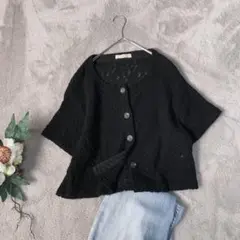 美品(M)カシミヤ混/半袖カーディガン/日本製/羽織り/上着/レイヤード/黒