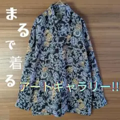 長袖シャツ　総柄　ボタニカル　黒　ダーク　ヴィンテージ感　日本製　古着