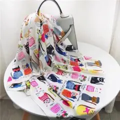 スカーフコーデ 猫がいっぱい柄 大判 white scarf