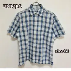 ユニクロUNIQLO チェック柄　半袖　コットンシャツ（M）ブルー系