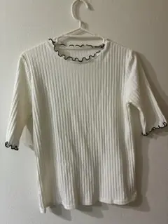 リブ編みホワイトTシャツ 五分袖